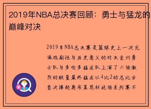 2019年NBA总决赛回顾：勇士与猛龙的巅峰对决